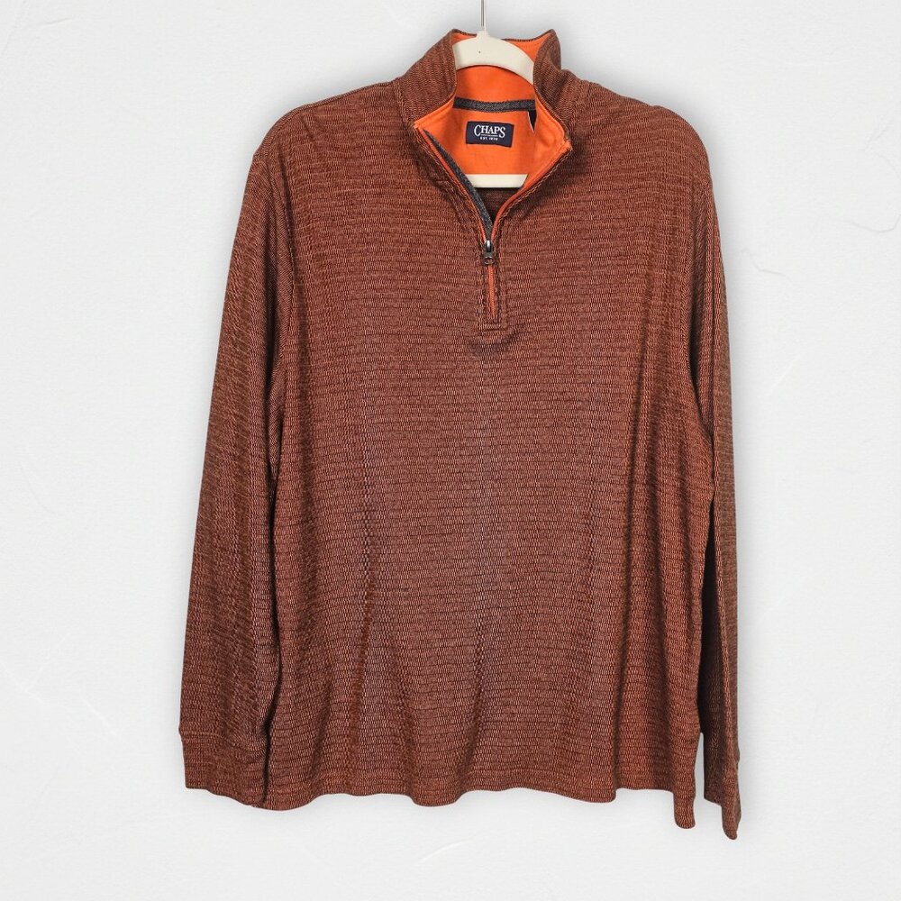 Chaps Mens Large Quarter Zip Sweater Brown Orange Cotton Knit Pullover